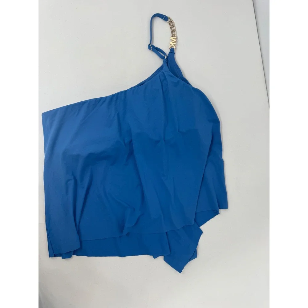 Michael Kors Womens Blue One Shoulder Ruffle Tankini Gold Chain Logo Charm Sz L